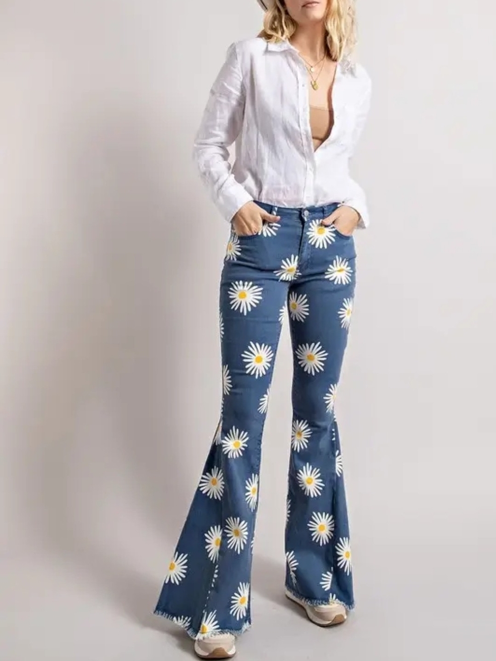 Daisy Print Bell Bottom Flare Jeans Blue Retro 70s Boho S M L
